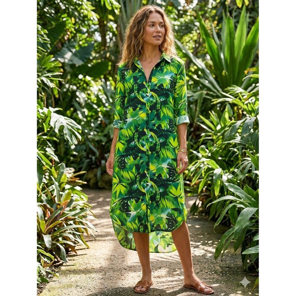 Live 4 Truth Bright Yellow Green Tropical Button Front Long Shirt Dress Wms